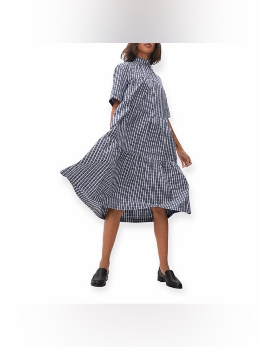 Everlane Navy and White Checked High-Low Tiered Midi Dress